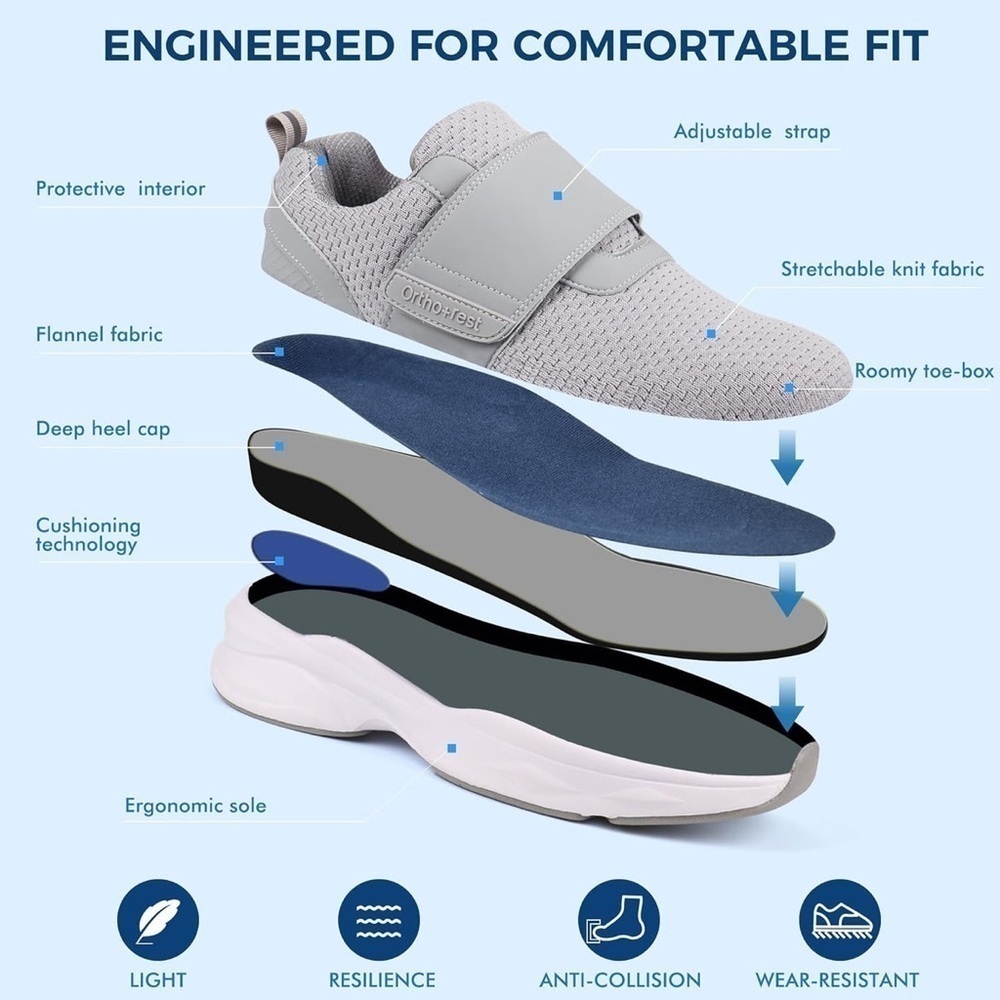 Ortho+rest mens grey sneakers Adjustable Closure Orthopedic Walking Shoes Size 9